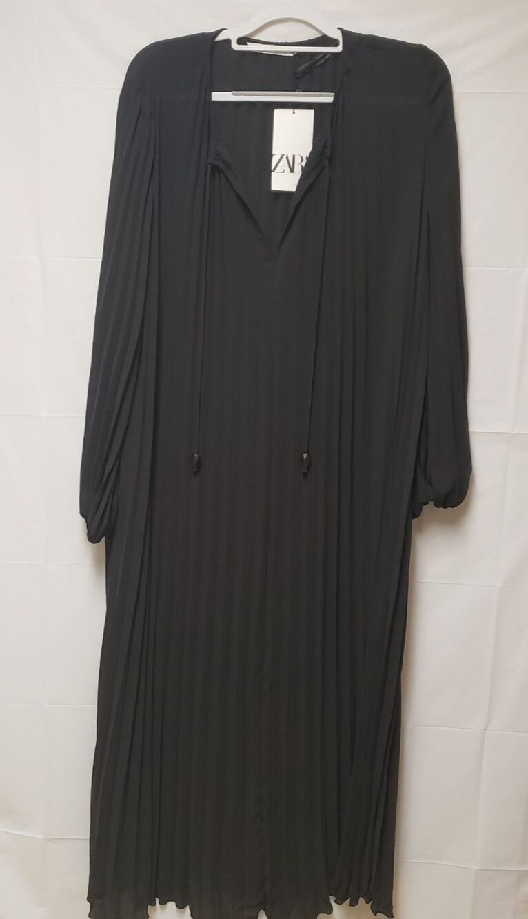 Zara Black Pleated Long Sleeve Blouson Maxi Cocktail Formal Dress Size L NWT